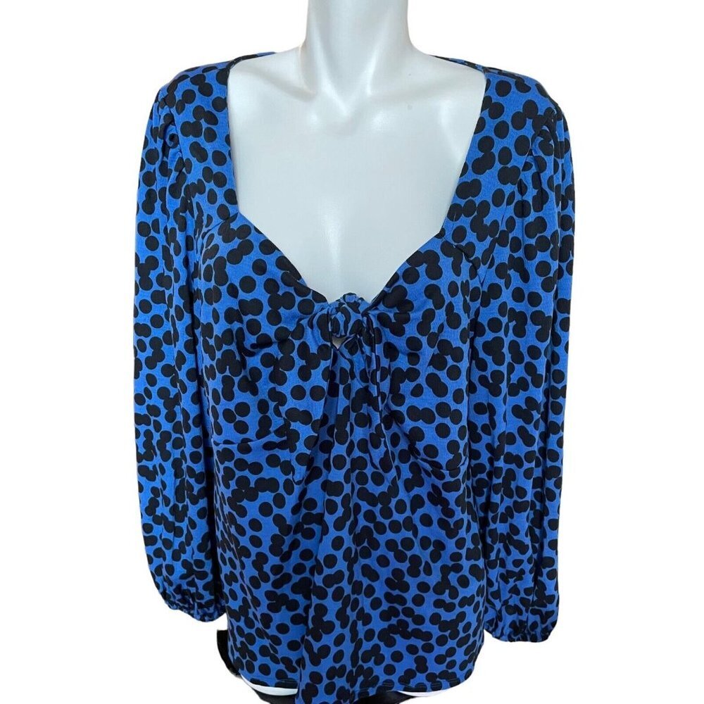 Ava & Viv Top Tunic Women's Size XXL Blue Black Circles V-Neck Ties Chest